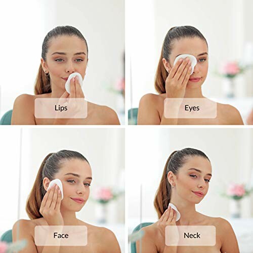 Woman demonstrating facial cleansing routine with cotton pads on lips, eyes, face, and neck.