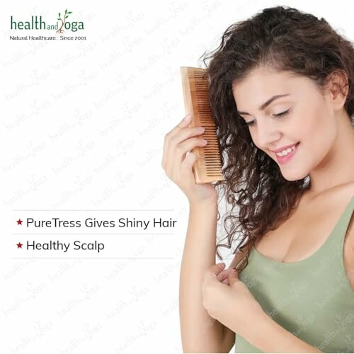 Woman combing hair with benefits of PureTress for shiny hair and healthy scalp