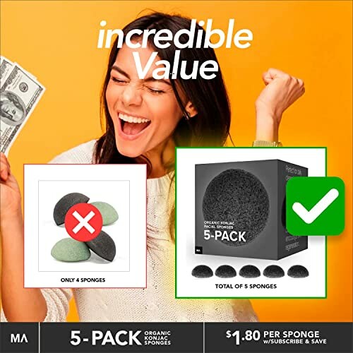 Woman holding money with a comparison of green and black konjac sponges.