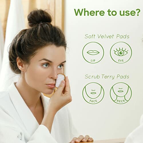 Woman using facial pads with instructions for lip, eye, face, and neck.