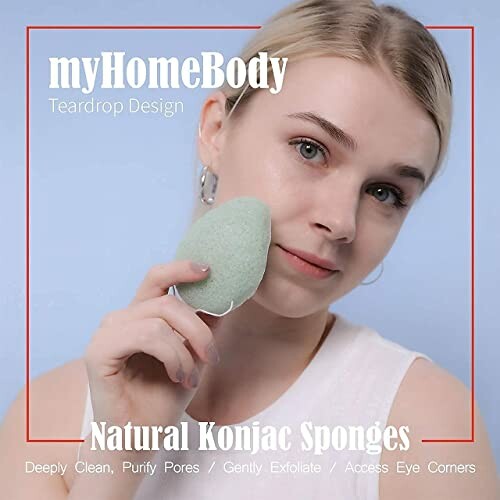 Woman using a green teardrop-shaped konjac sponge on her face.