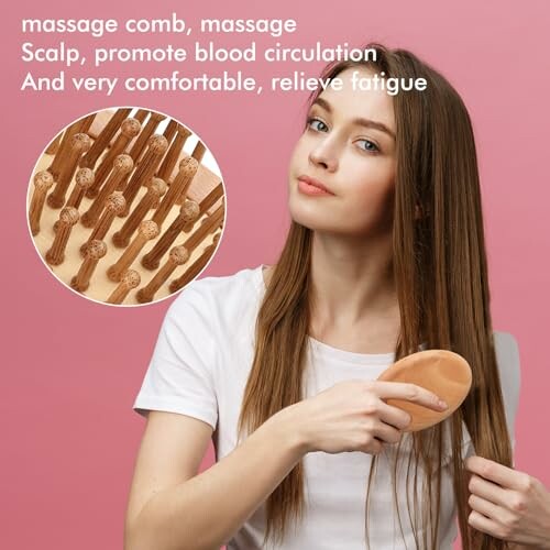 Woman using a massage comb on her hair with detailed comb texture inset.