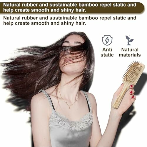 Woman using natural materials hairbrush for smooth hair.