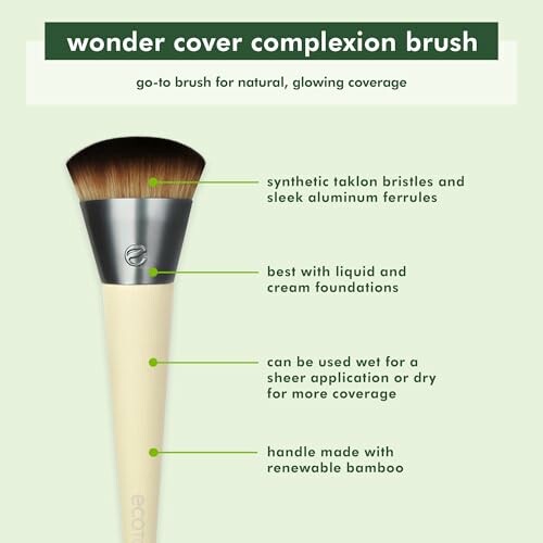 Wonder cover complexion brush with synthetic bristles and bamboo handle.