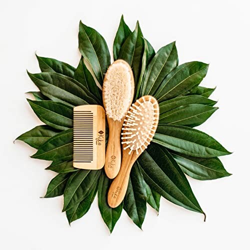 Wooden hair brush and comb on green leaves arranged in a circle.