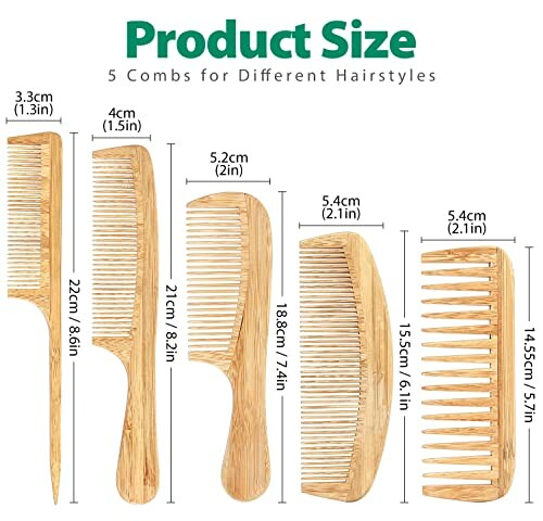 Set of five wooden combs in various sizes for different hairstyles.