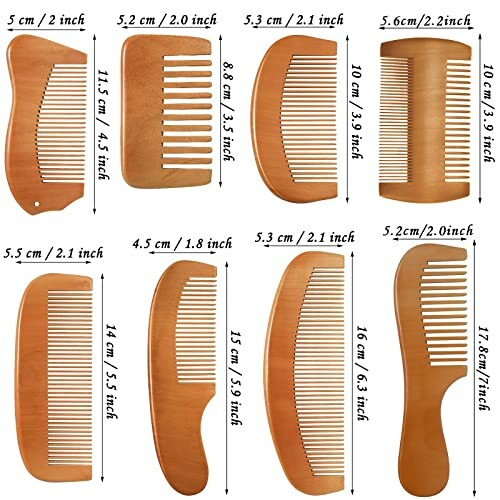 Set of eight wooden combs with various sizes and designs.