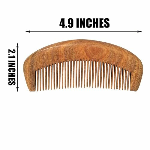 Wooden comb with dimensions labeled as 4.9 inches by 2.1 inches.