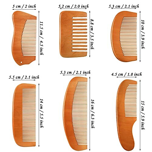 Six wooden combs of various shapes and sizes with measurements.