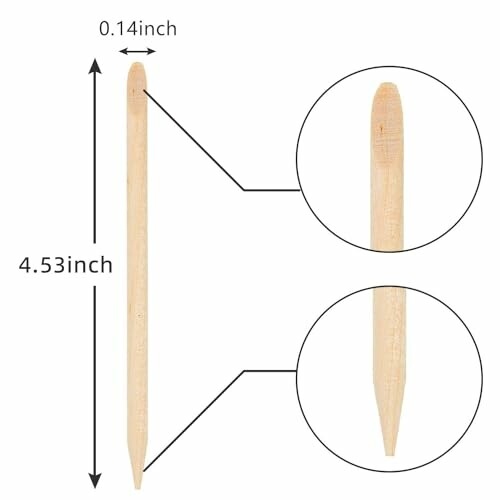 Wooden cuticle stick with measurement details.