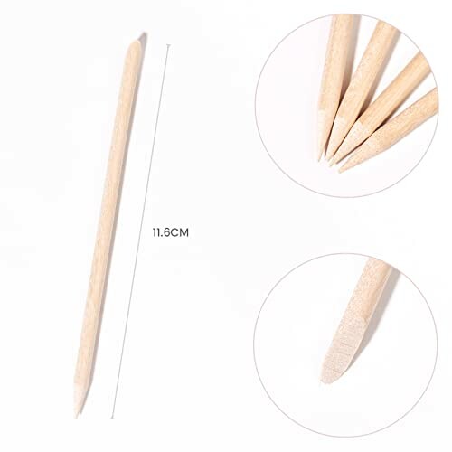 Wooden cuticle stick with measurement and close-up views.