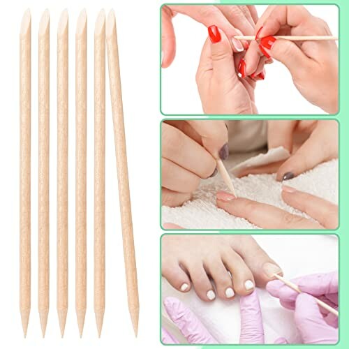 Wooden cuticle sticks with nail care demonstrations.