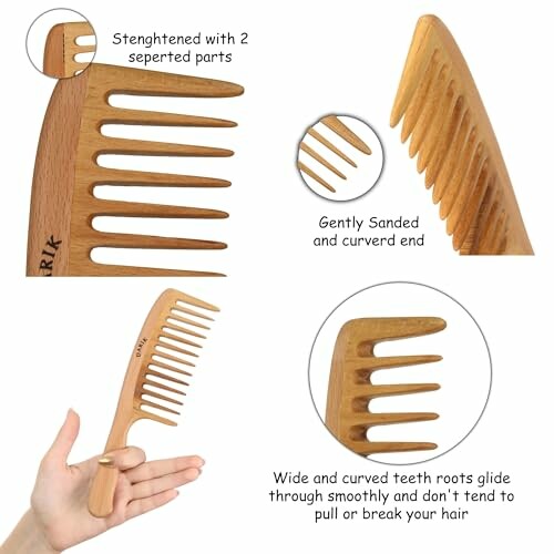 Wooden detangling comb with wide and curved teeth, designed for smooth hair glide.