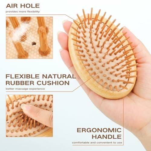 Hand holding a wooden hair brush with ergonomic handle, air hole, and natural rubber cushion.