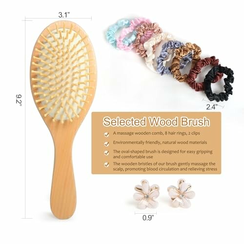 Wooden hair brush set with scrunchies and clips.