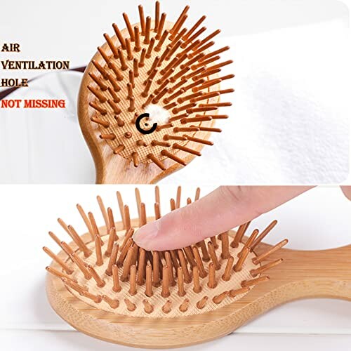 Wooden hair brush with air ventilation hole and finger pressing bristles.