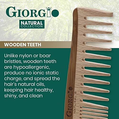 Giorgio Natural Collection wooden comb with text about benefits of wooden teeth.