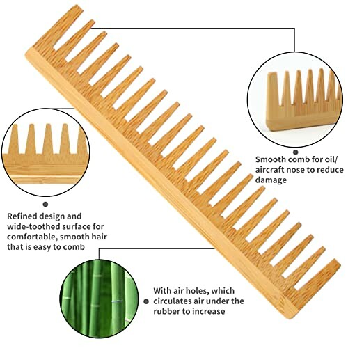 Wooden comb with wide-toothed design and air holes for reduced damage and easy combing.