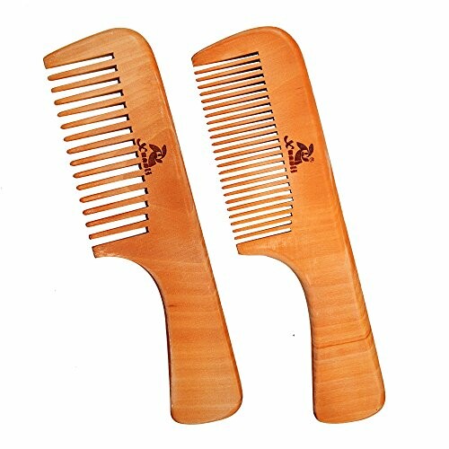 Two wooden hair combs with wide and fine teeth