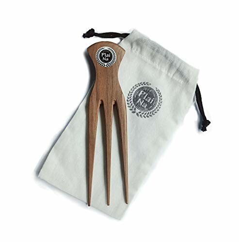 Wooden hair fork with three prongs and a cloth pouch.