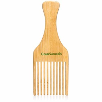 Wooden hair pick comb with wide teeth and handle.