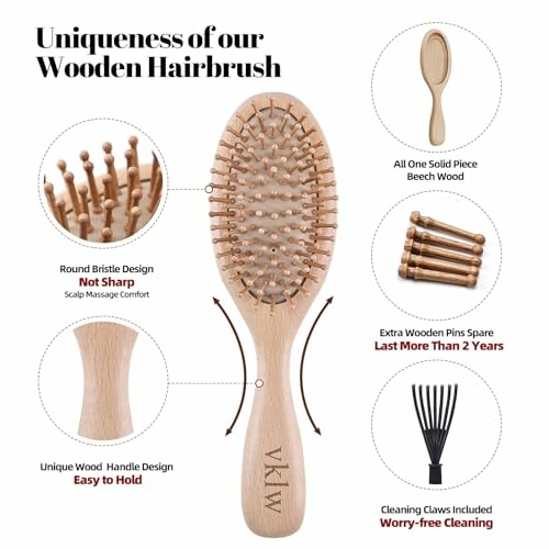 Diagram highlighting the benefits of a wooden hairbrush including its unique round bristle design, solid beech wood construction, and extra wooden pins.