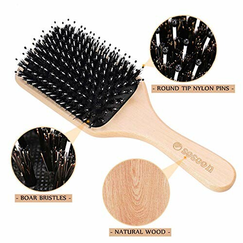 Wooden hairbrush with round tip nylon pins and boar bristles.