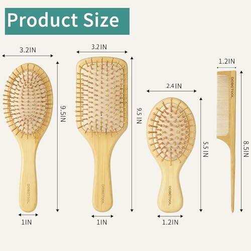 Wooden hairbrush set with size measurements.