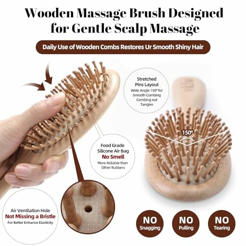 Wooden massage brush designed for gentle scalp massage with silicone air bag.