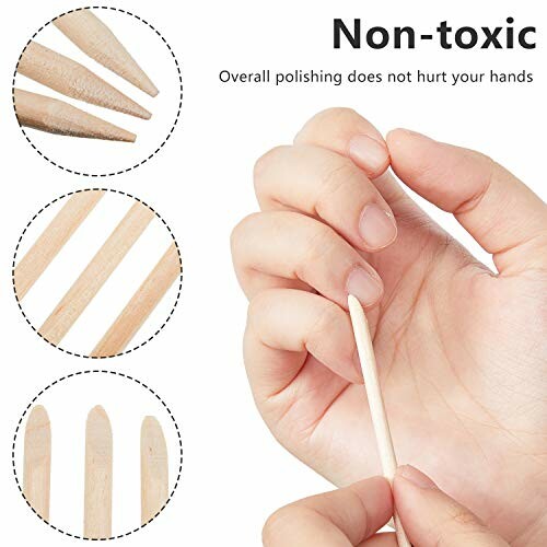 Hand holding a wooden nail cuticle stick, with close-up insets showing pointed ends.