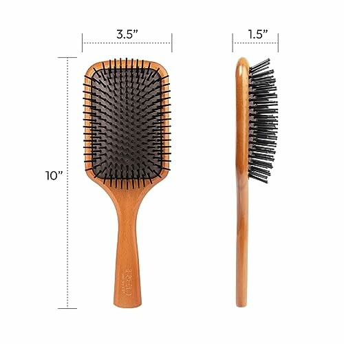 Wooden paddle hairbrush with dimensions 10x3.5 inches