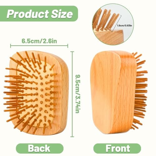 Wooden scalp massager brush with dimensions.