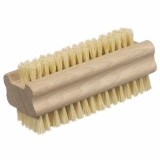 Wooden scrub brush with bristles on both sides.