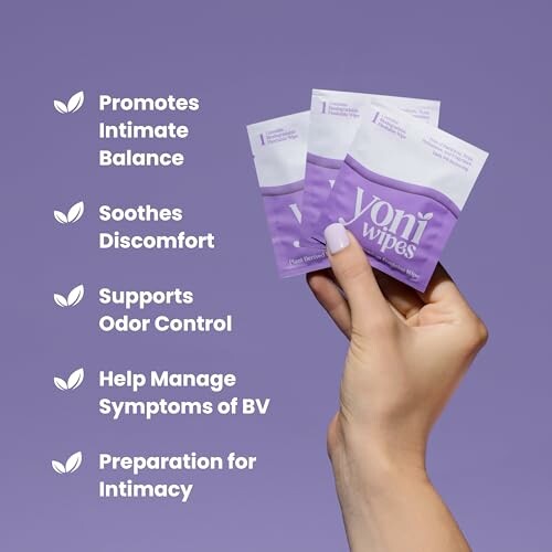 Hand holding Yoni wipes with benefits listed: promotes intimate balance, soothes discomfort, supports odor control, helps manage symptoms of BV, preparation for intimacy.