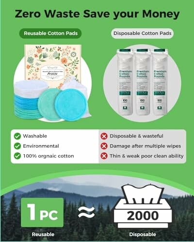 Comparison of reusable and disposable cotton pads with environmental benefits.